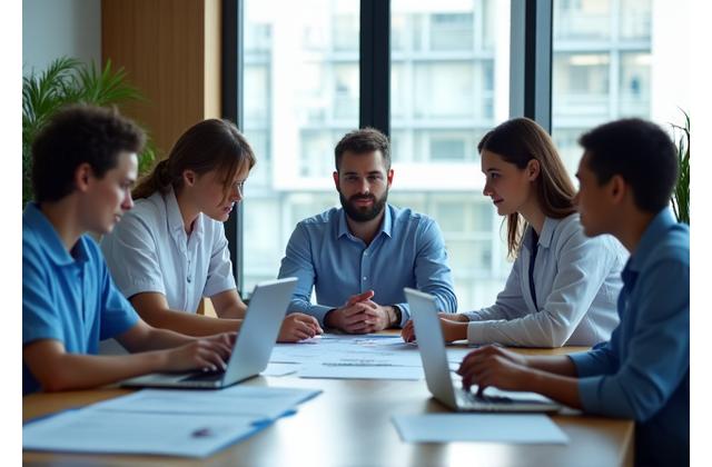 Team of healthcare finance professionals collaborating over documents